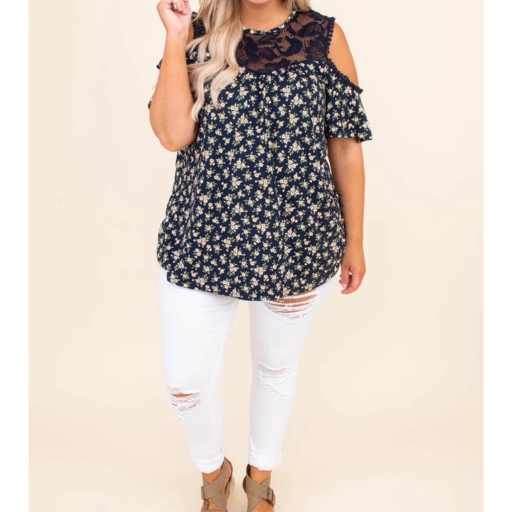 Navy Floral Open Shouldered Top